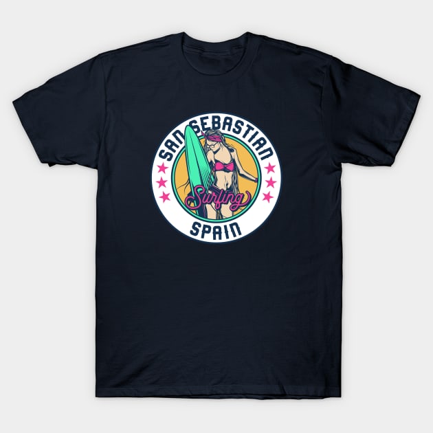 Retro Surfer Babe Badge San Sebastian Spain T-Shirt by Now Boarding